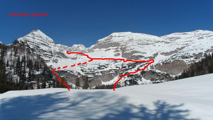 Dvě sjezdové varianty údolím Brunnsteinkar, vpravo Toter mann